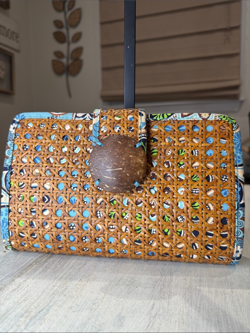 Vera Bradley Woven Rattan Clutch with Blue and Brown Accents